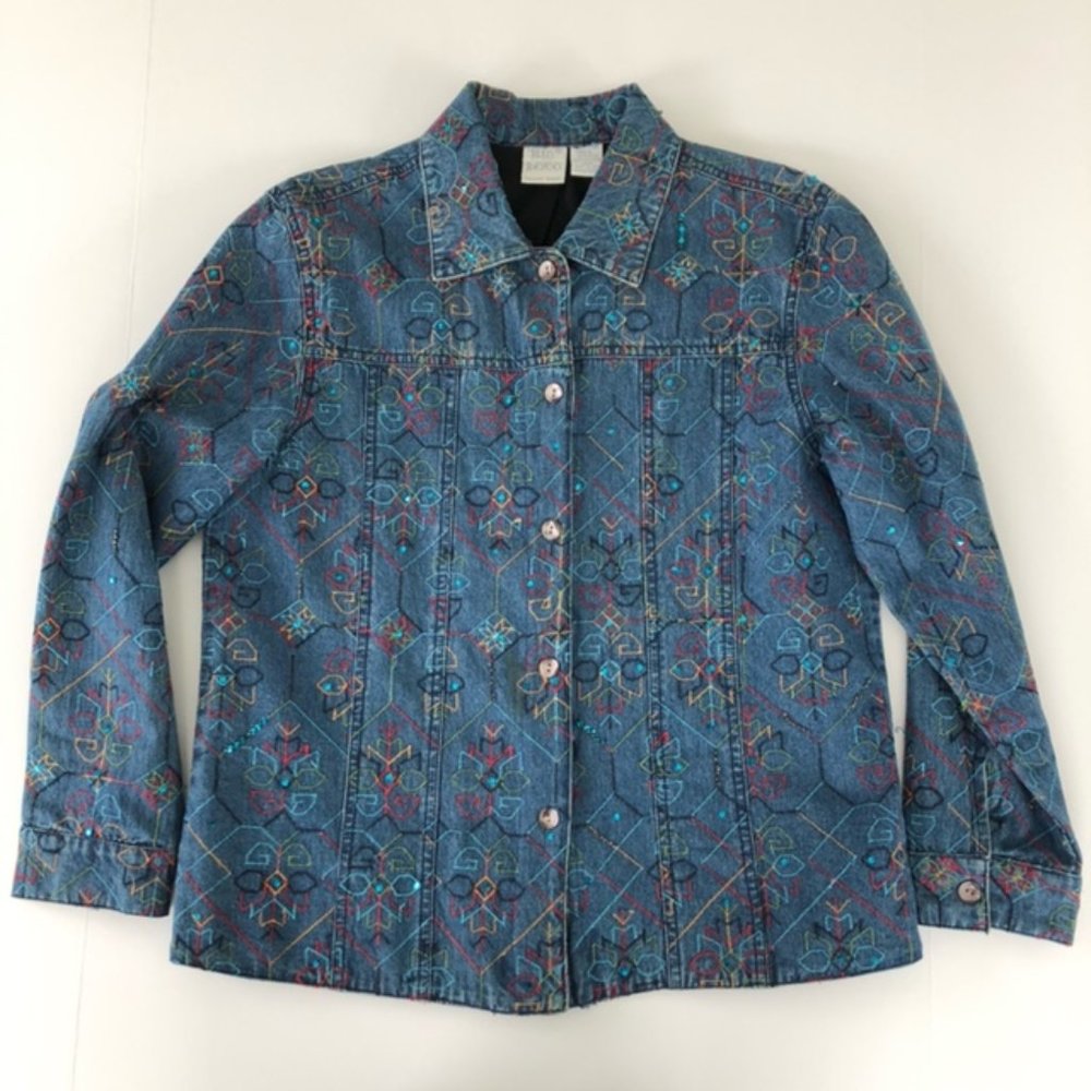 Bleu Bayou Denim Jean Jacket All-over Embroidery S